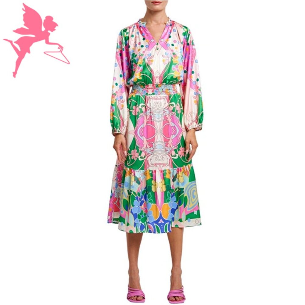 CIEBON Irena Floral Long Sleeve Satin Dress